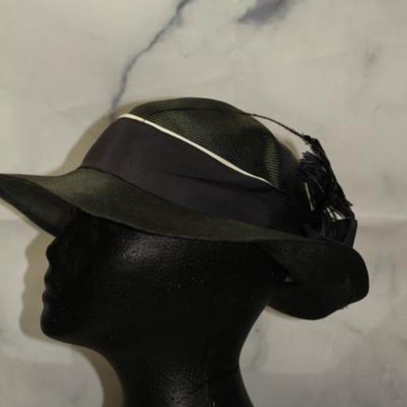 ADOLFO Green Wide Brim Feathered Hat